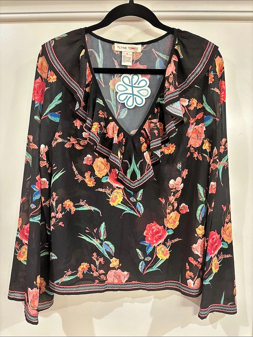 NWT Flying Tomato Floral Ruffle Blouse in Black & Pink M Boho Cottagecore Retro